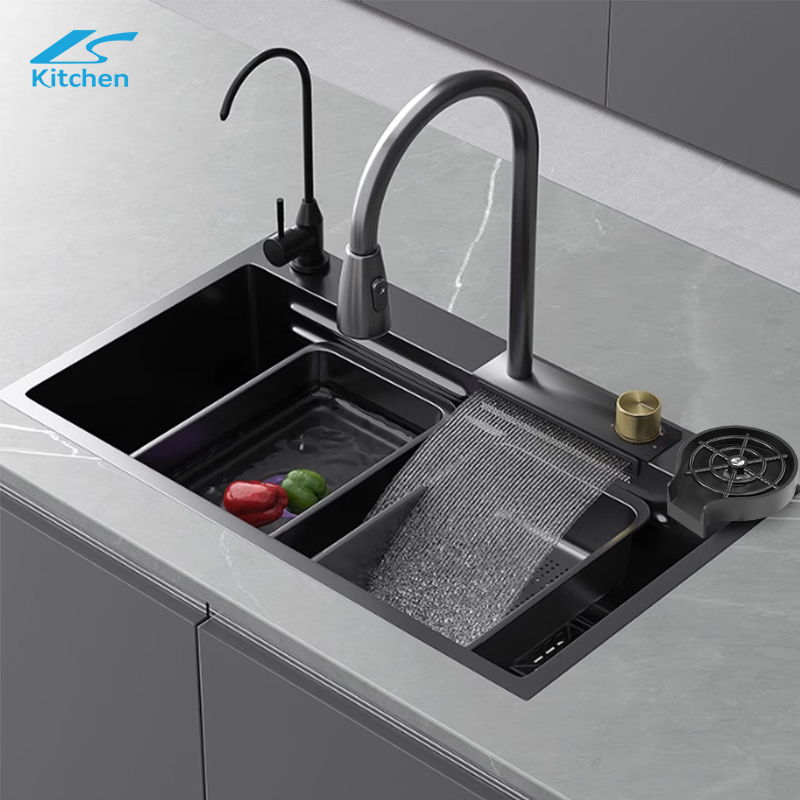 SUS304 Stainless Steel Kitchen Sink with Waterfall Smart Embossed Kitchen
