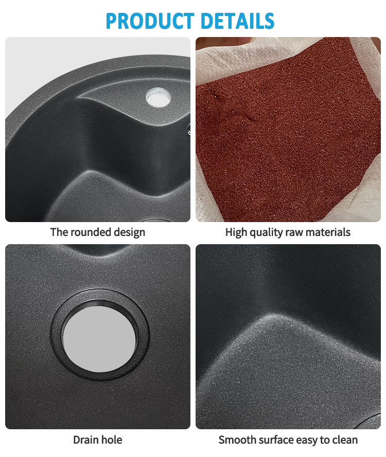 Black modern and simple design quartz stone sink, round household and commercial kitchen and bathroom washbasin