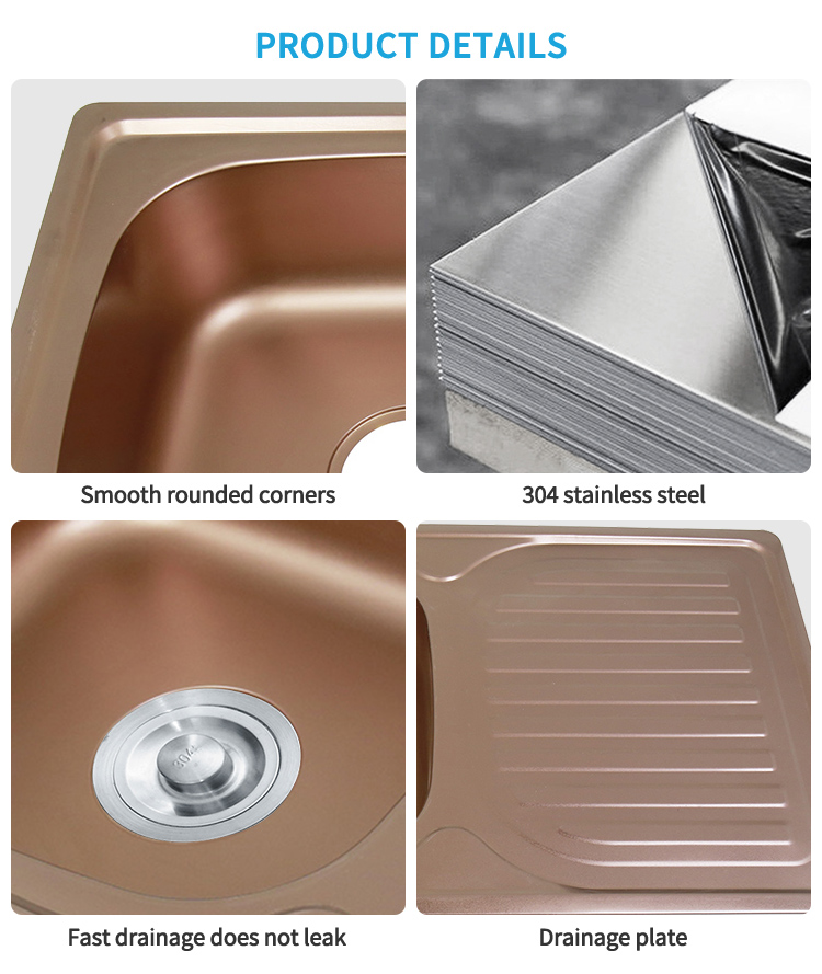 Brushed Rose Gold SUS 304 Stainless Steel Single Bowl Kitchen Sink with Utility Shelf – Top Mount Design for Home and Rural Kitchens – Deep Basin & Modern House Sink