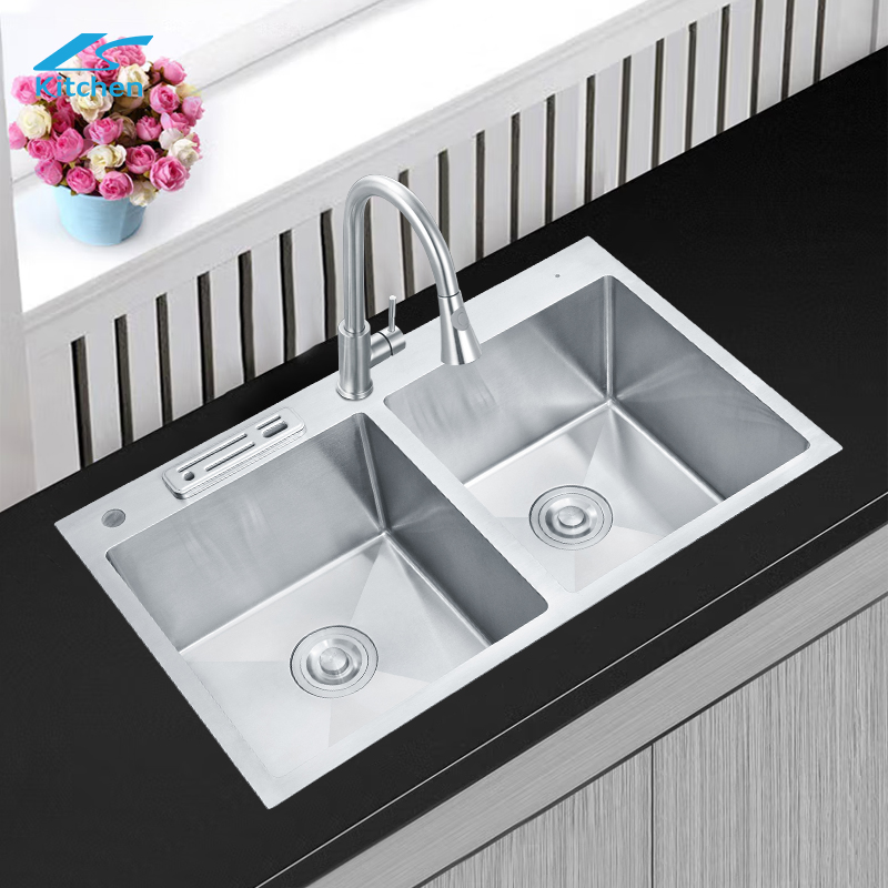 Knife Grooves SUS304 Deep Basin Nano Double Bowl Undermount Handmade Stainless Steel Silver Kitchen Sink
