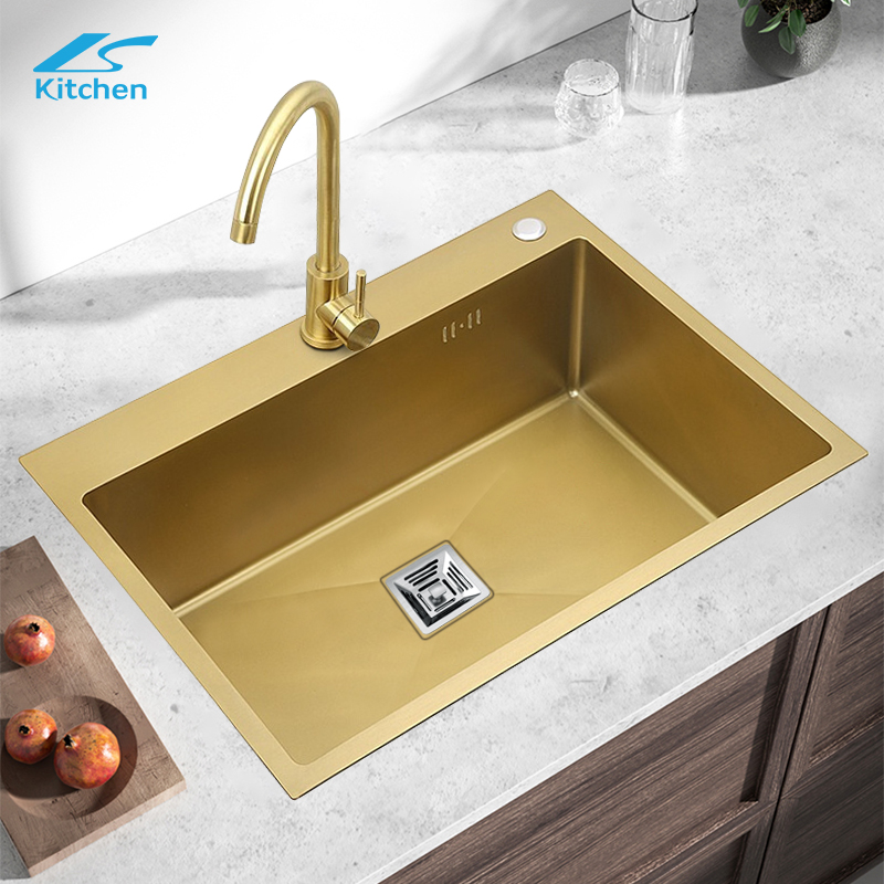 Modern Luxury Style Golden Kitchen Handmade Stainless Steel Sink Large Single Bowl Countertop Basin
