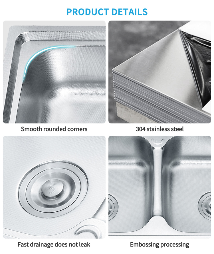 High Quality Stainless Steel Double Bowl Kitchen Sink Rectangular Shape above Counter Factory Installation with One Holes