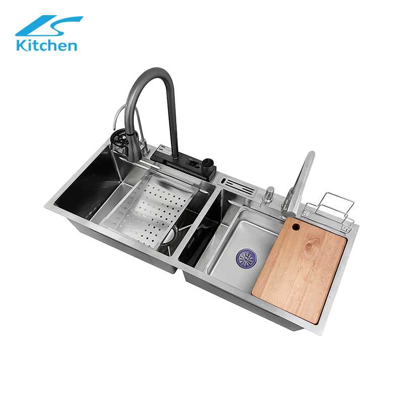 Double Bowl Luxury Modern Smart Tap Knife Holder Kitchen Sink with 304 Stainless Steel 