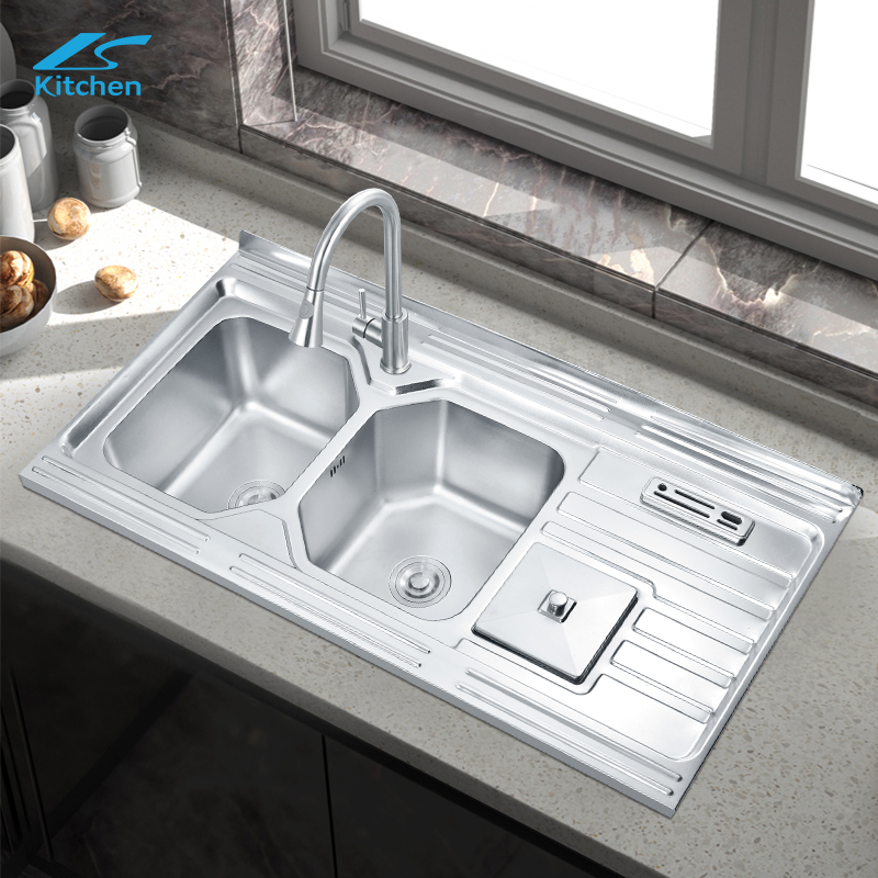 Stainless Steel 304 Topmount Double Bowl Kitchen Sink with Bin Commercial Kitchen Sink
