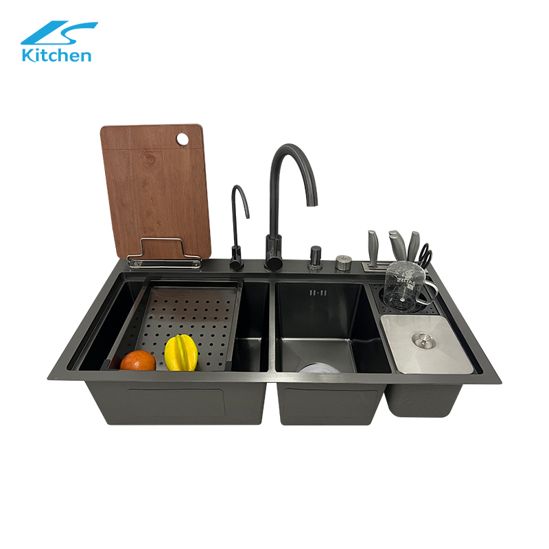 Smart multifunction black kitchen sink with dual handmade bowls, knife holder, cutting board rack, soap dispenser & more – ideal for modern homes.