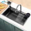 OEM ODM Rectangular Black 304 Single Large Bowl Stainless Steel Farmhouse Handmade Smart Rainfall Multi-function Kitchen Sink