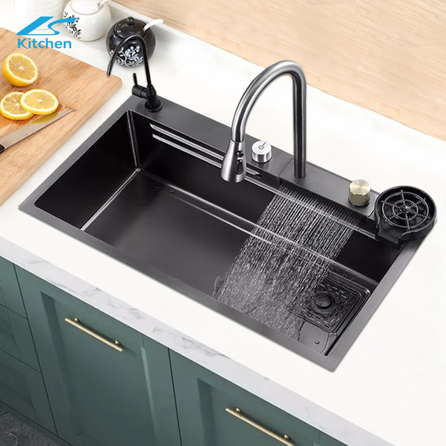 OEM ODM Rectangular Black 304 Single Large Bowl Stainless Steel Farmhouse Handmade Smart Rainfall Multi-function Kitchen Sink