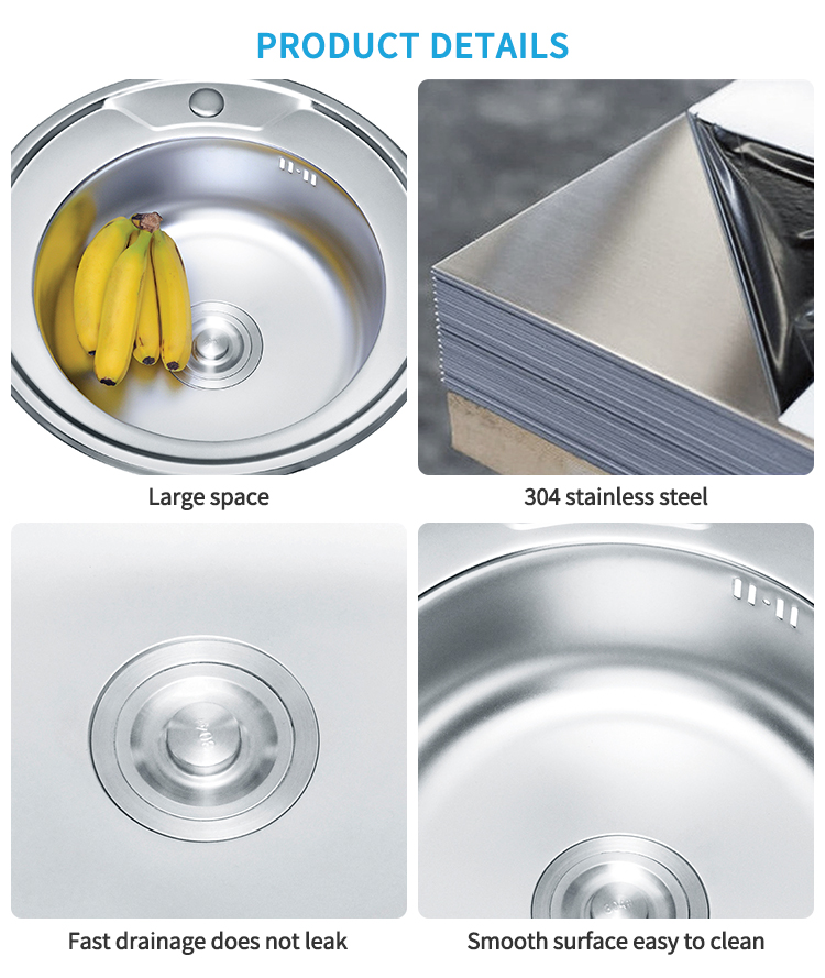 Sink Round Pressed Sink Stainless Steel Single Bowl Kitchen Sink for Home Use Above Counter Installation 