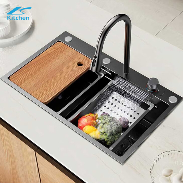 Modern Stainless Steel Workstation With Cup Washer,Draining basket, basin, drain, chopping board Waterfall Multi-Functional Kitchen Sink 