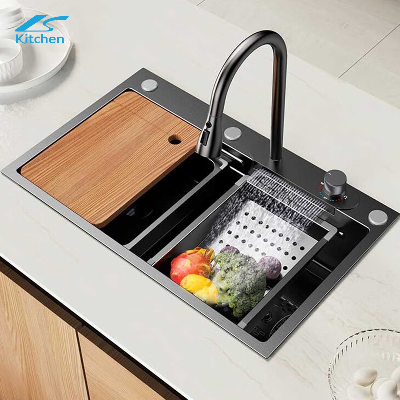 Modern Stainless Steel Workstation With Cup Washer,Draining basket, basin, drain, chopping board Waterfall Multi-Functional Kitchen Sink 