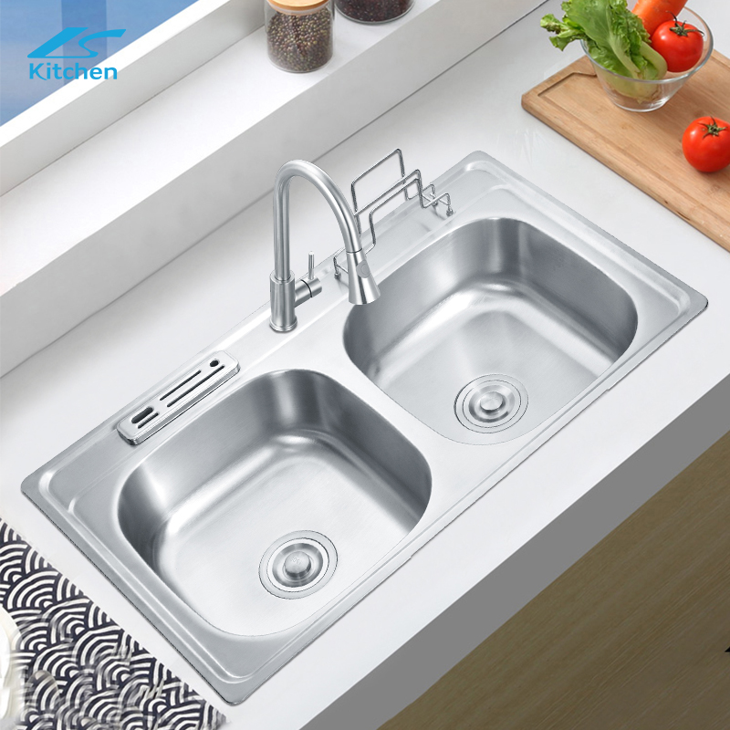 OEM Handmade Double Bowl Stainless Steel Kitchen Sink with Knife and Cutting Board Holder - Stainless Steel Sink