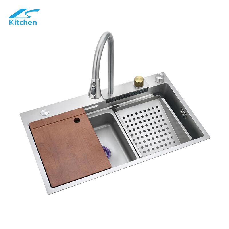 White Silver 5-Keys Digital Display Rainfall Waterfall Kitchen Sink Undermount Stainless Steel Sink