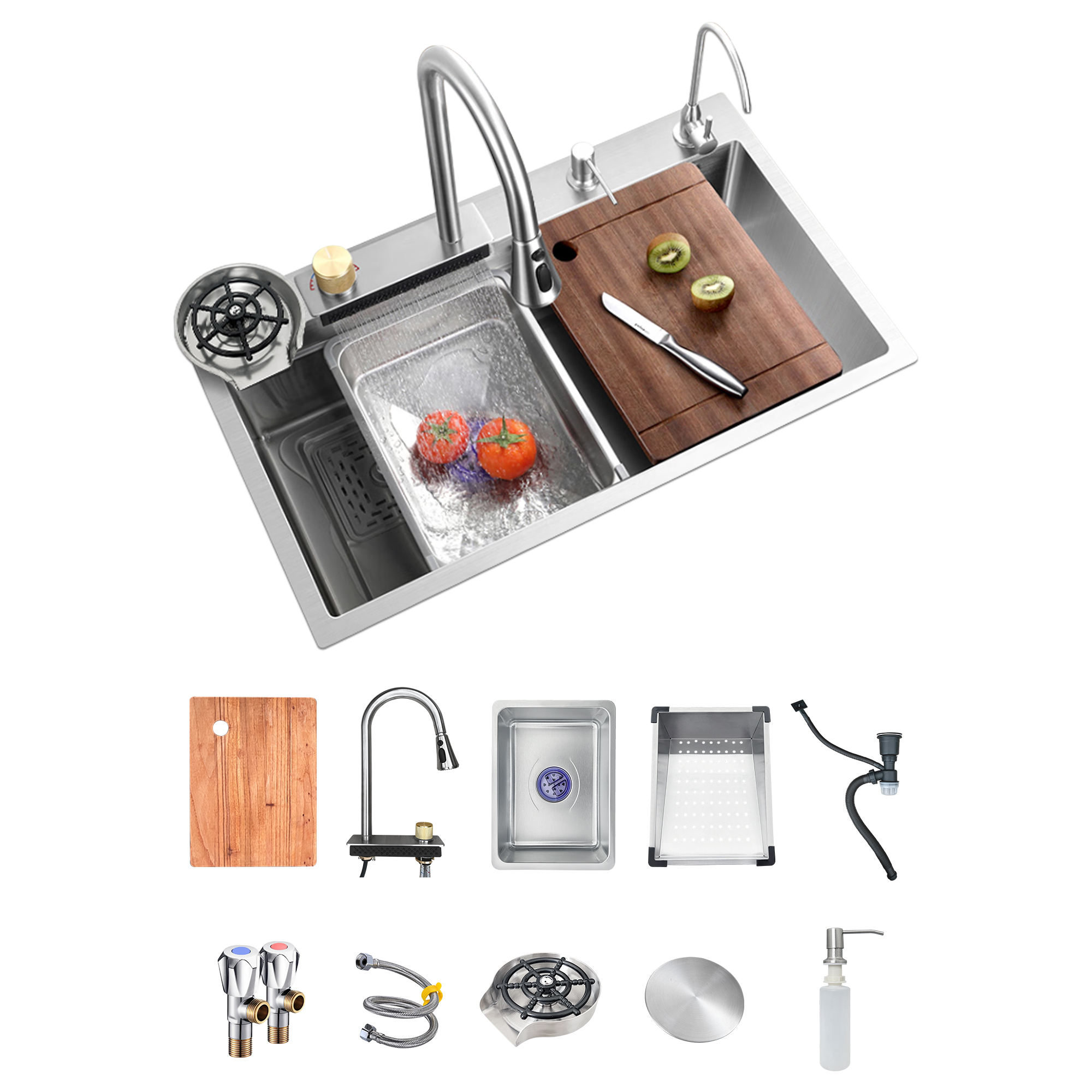 33 inches Waterfall Kitchen Sink, Top mount Single Bowl Sink,16 Gauge Multifunctional Stainless Steel Sink 